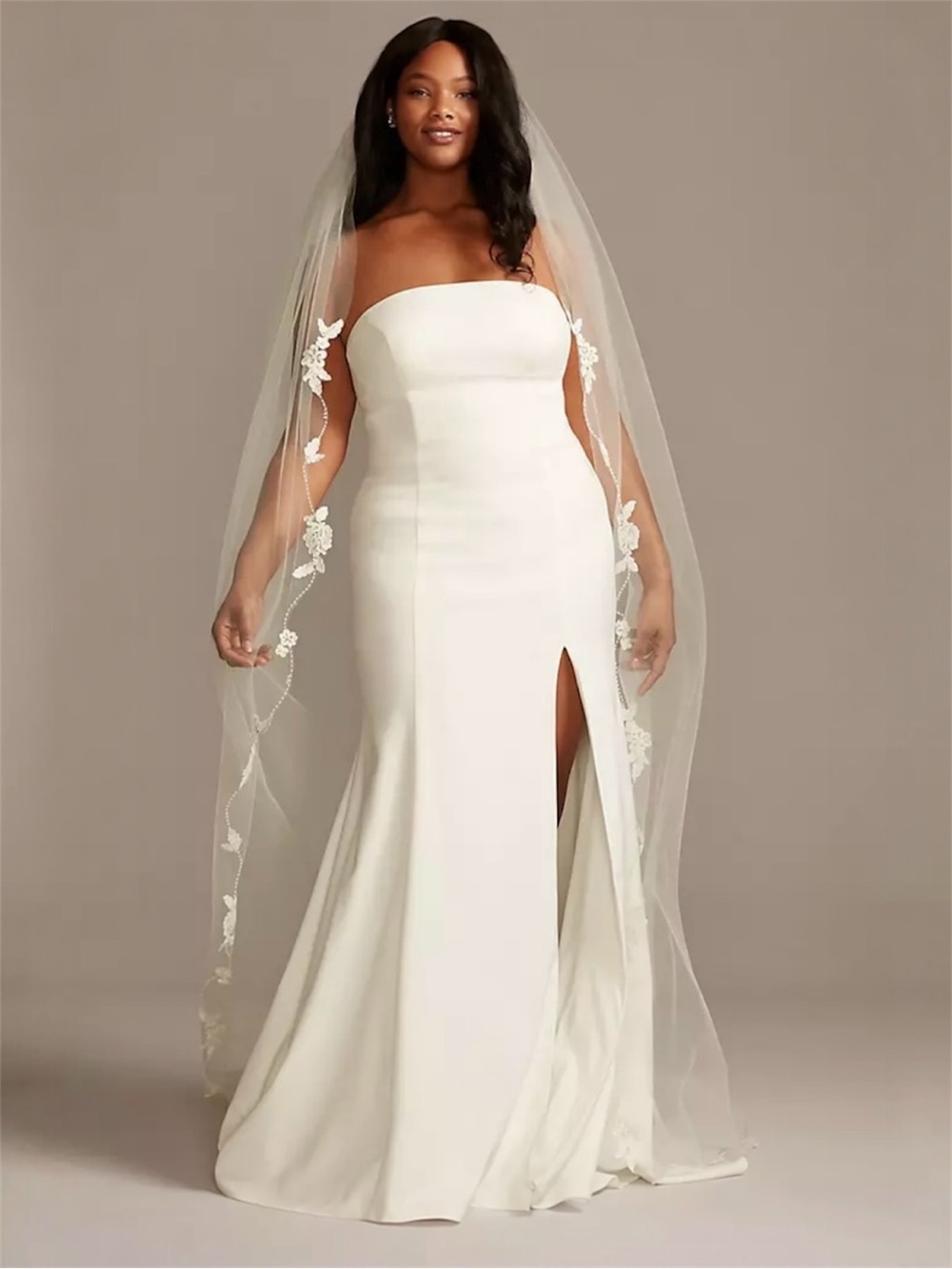 Floral Appliqué Beaded Scalloped Cathedral Bridal Veil - Ivory